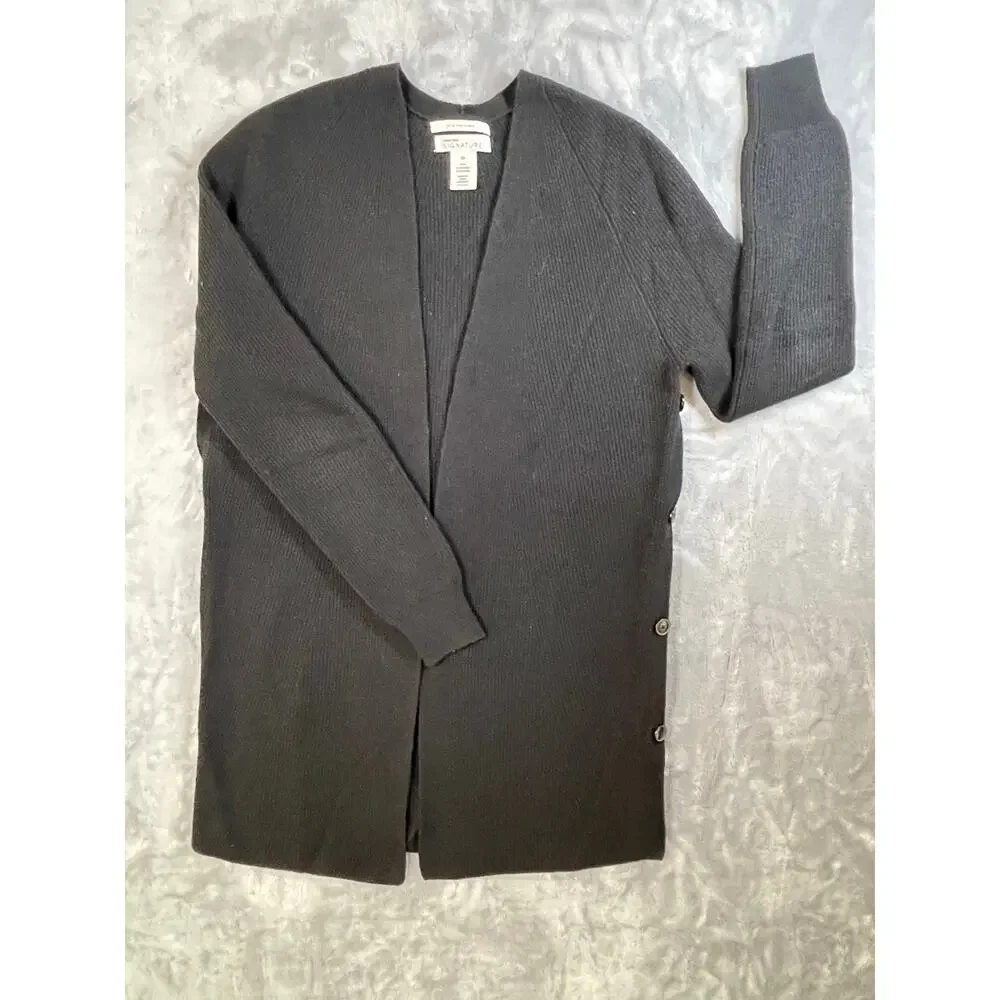100% Cashmere black ribbed tunic length open front cardigan luxury‎ XS capsule